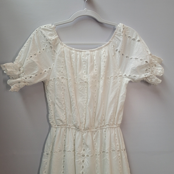 Eyelet Lace Puff Sleeve Midi Dress Cottagecore Korean Romantic White XS - Picture 9 of 13